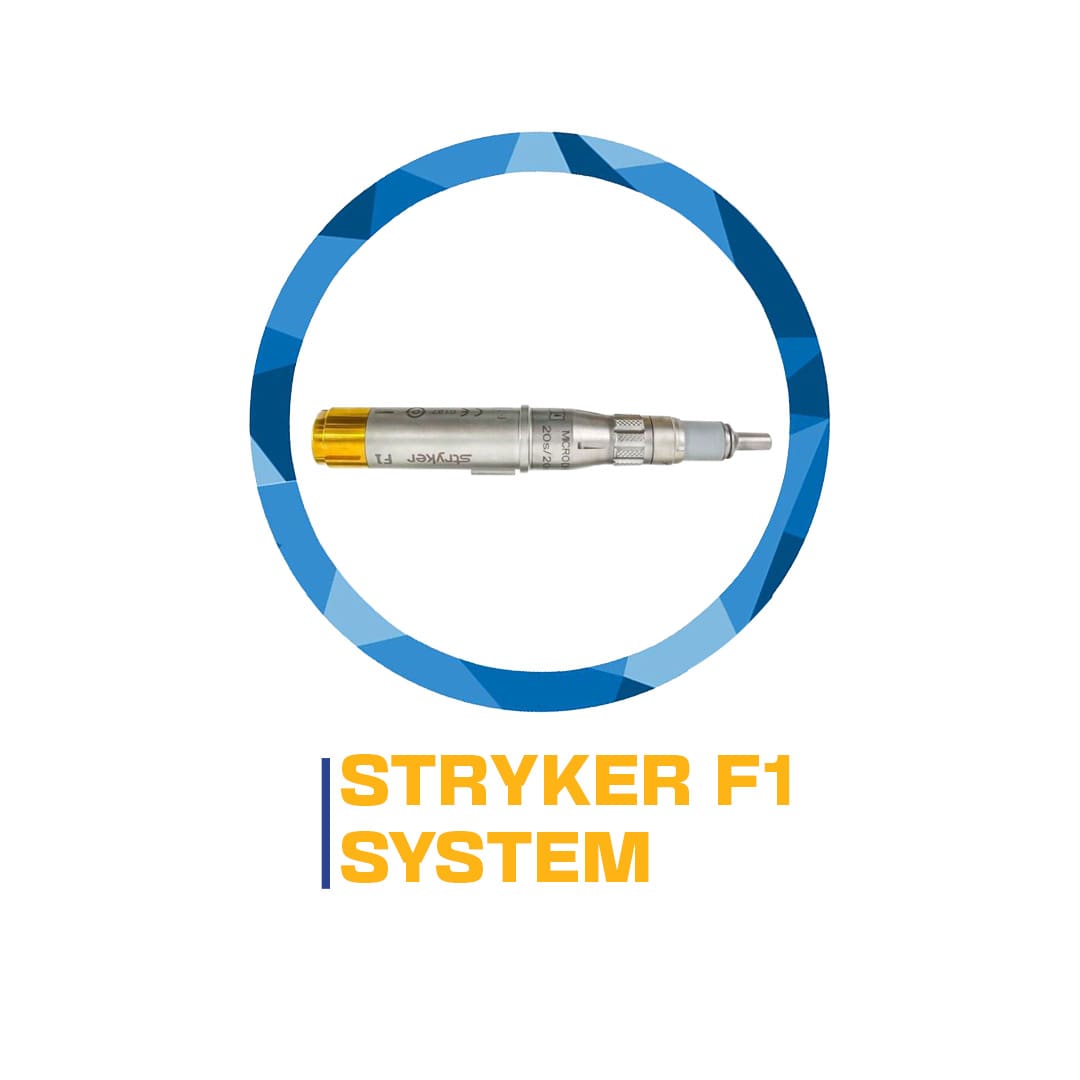 A stryker f1 surgical system tool, displayed inside a blue and gray circular logo, with the label "stryker f1 system" in blue text below.