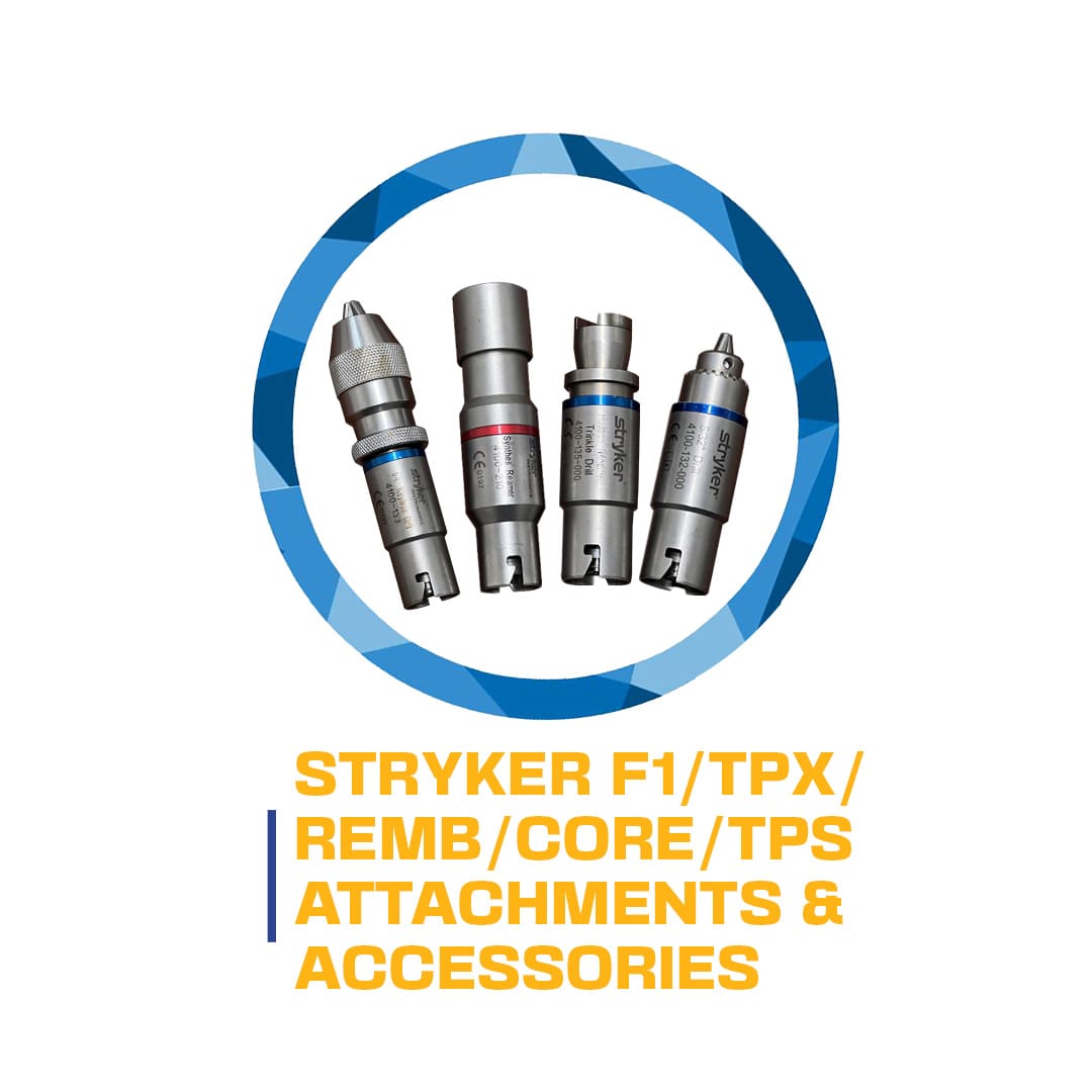 Logo featuring the text "stryker f1/tpx/remb/core/tps attachments & accessories" circled by a blue ring, with four metallic surgical device attachments displayed in the center.
