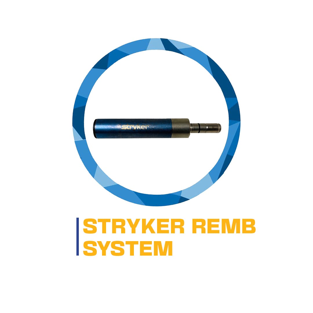 A blue and black stryker remb system component encircled by a blue-gray loop, with the label "stryker remb system" below it.