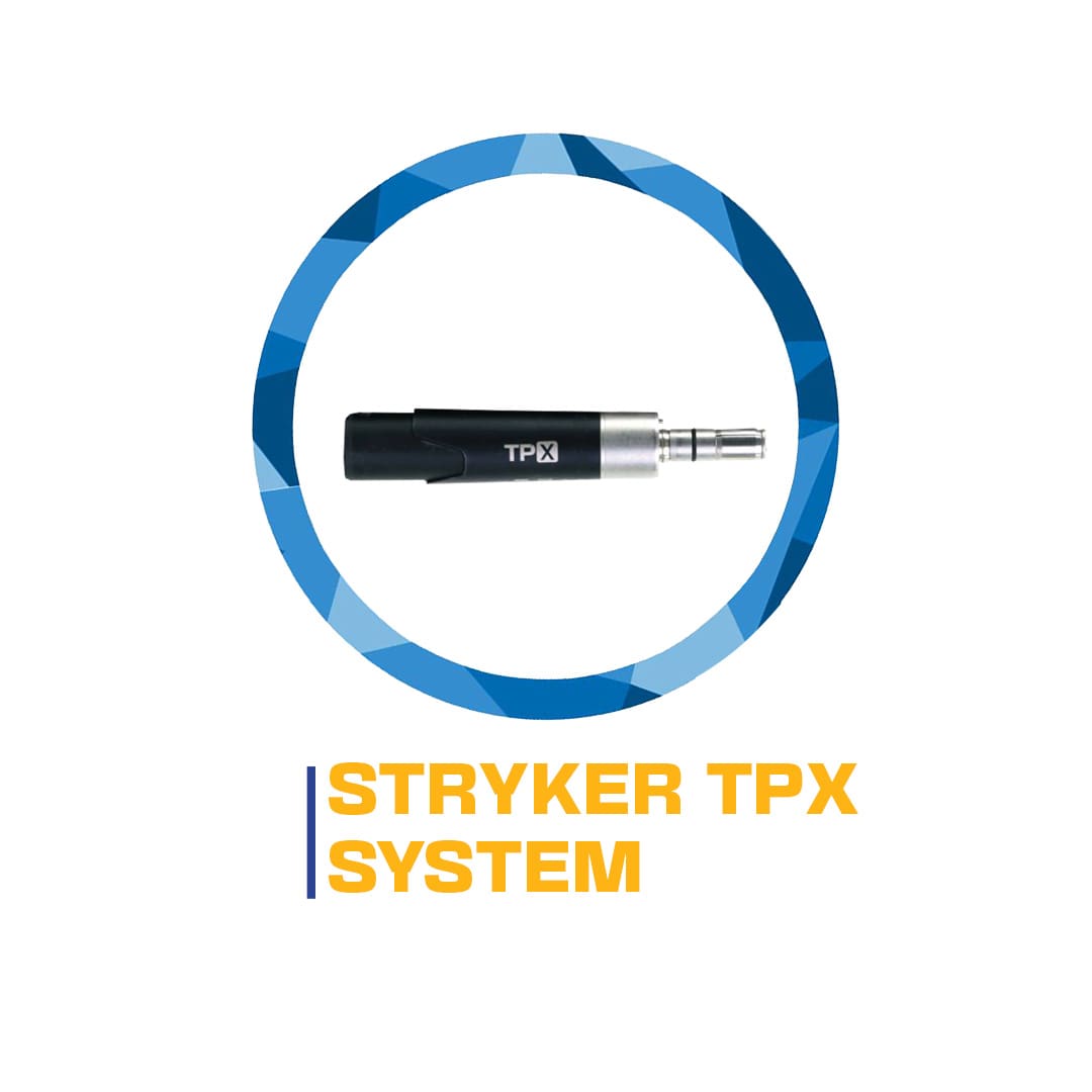 Blue and white circular logo with an image of a black and silver medical device labeled "tpx", and the text "stryker tpx system" below in blue and yellow.