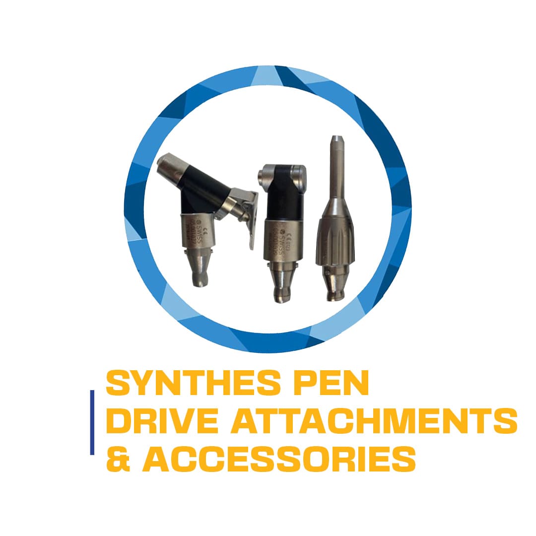 Three medical pen drive attachments displayed against a white background with the label "synthes pen drive attachments & accessories".