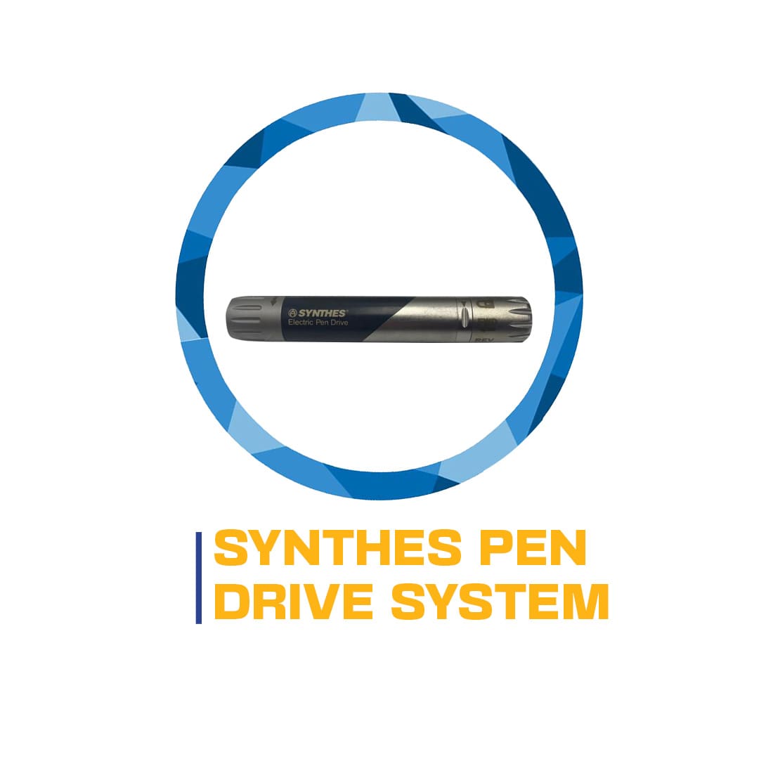 Logo featuring a synthes pen drive system with a central image of a black pen placed within a blue and gray circular design, accompanied by labeled text below.